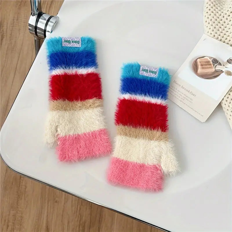 Colourful Striped Plush Gloves