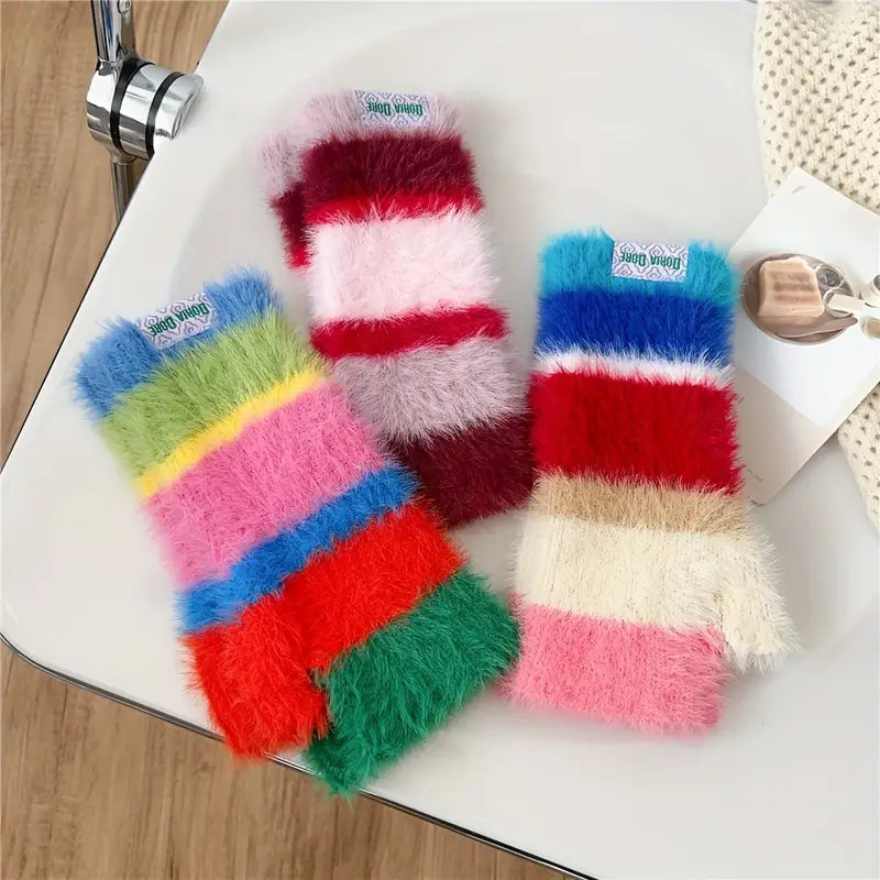 Colourful Striped Plush Gloves