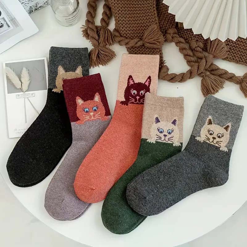 Pack Of 5 Pairs Of Cat Print Socks