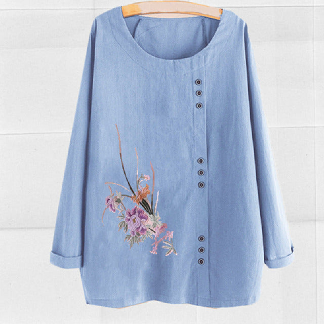 【Cotton And Linen】Casual Floral Print Blouse