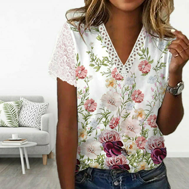 Floral Print Lace Patchwork T-Shirt